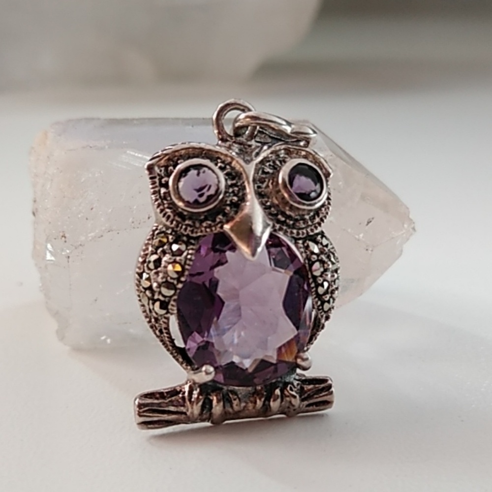 AMETHYST MARCASITE GEMSTONE OWL PENDANT